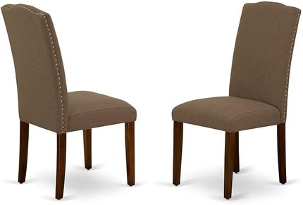 East West Furniture Dublin 5 Piece Room Furniture Set includes a Round Dining Table with Dropleaf and 4 Dark Coffee Linen Fabric Upholstered Chairs, 42x42 Inch, DLEN5-MAH-18 - LeafyLoom