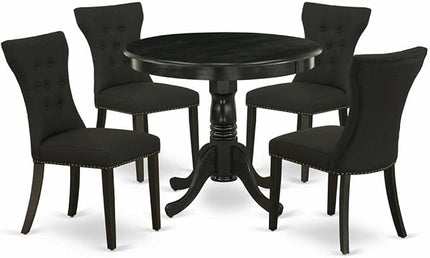 East West Furniture ANGA5-ABK-24 5 Piece Set for 4 Includes a Round Kitchen Table with Pedestal and 4 Black Linen Fabric Parsons Dining Chairs - LeafyLoom