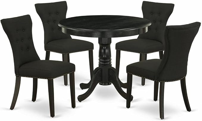 East West Furniture ANGA5-ABK-24 5 Piece Set for 4 Includes a Round Kitchen Table with Pedestal and 4 Black Linen Fabric Parsons Dining Chairs - LeafyLoom
