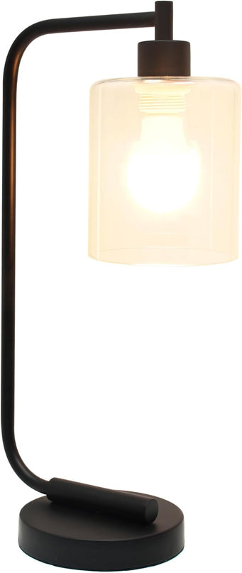 Simple Designs LD1036-BLK-LB 18.8" Industrial Bronson Antique Style Iron Lantern Desk Table Lamp with Glass Shade for Home Décor, Office, Living Room, Bedroom, Black, with Feit LED Bulb Included - LeafyLoom