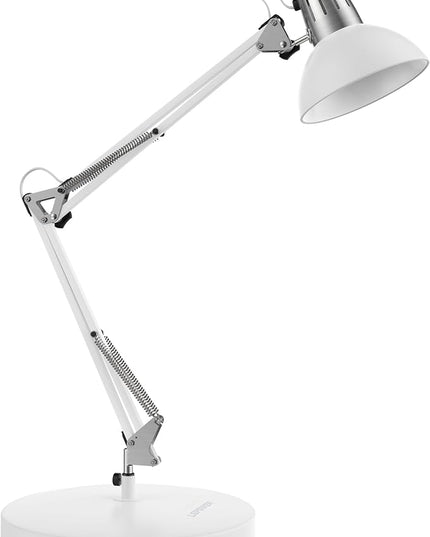 LEPOWER Metal Desk Lamp, Adjustable Goose Neck Architect Table Lamp with On/Off Switch, Swing Arm Desk Lamp with Clamp, Eye-Caring Reading Lamp for Bedroom, Study Room &Office (White) - LeafyLoom