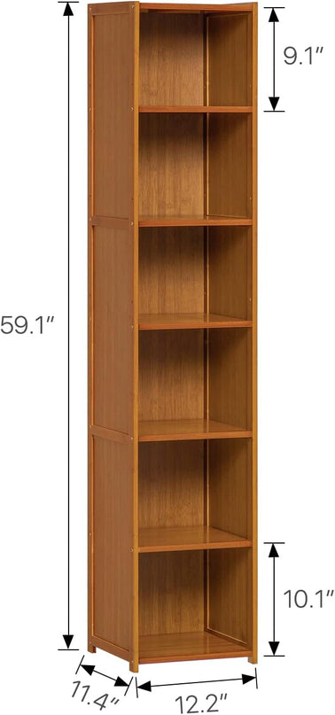 MoNiBloom Tall Slim Narrow Bookcase Bamboo 6 Tier Free Standing Tall Bookshelf Display Storage Shelves Collection Décor Furniture for Home Living Room Study Room, Brown - LeafyLoom