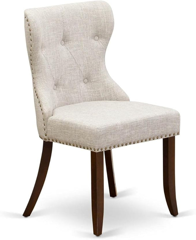 East West Furniture SIP3T35 Sion Parson Dining Room Button Tufted Nailhead Trim Doeskin Linen Fabric Upholstered Chairs, Set of 2, Mahogany - LeafyLoom