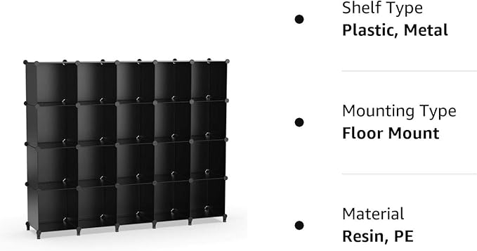 HOMIDEC 20-Cube Black Cube Storage Organizer, Modular Storage Shelf with Hammer, Cube Storage Bin Cabinet Closet Bookshelf for Living Room, Bedroom, Office, Each Cube Size 11.8 x 11.8 inch - LeafyLoom