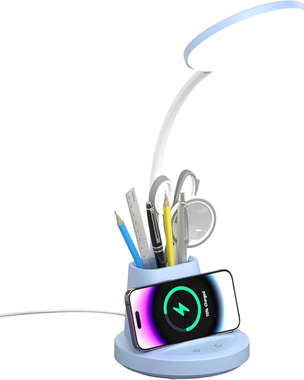 LED Desk Lamp with Wireless Charger for Home Office, Small with Pen Holder, 800LM,3 Color Modes,Gooseneck, Eye-Caring White Desk Lamps for Home College Dorm Room,Blue - LeafyLoom