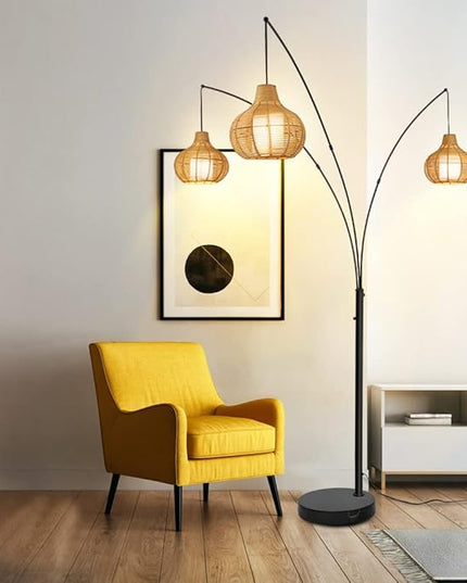 Depuley 3-Light LED Arc Floor Lamps, Adjustable Modern Tall Standing Reading Lamp with Bamboo Lampshades & Marble Base, Rattan Floor Lamp for Living Room Bedroom Office Study, E26 Bulbs Included - LeafyLoom