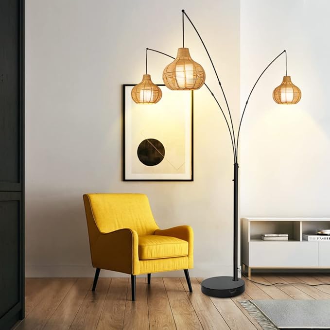 Depuley 3-Light LED Arc Floor Lamps, Adjustable Modern Tall Standing Reading Lamp with Bamboo Lampshades & Marble Base, Rattan Floor Lamp for Living Room Bedroom Office Study, E26 Bulbs Included - LeafyLoom