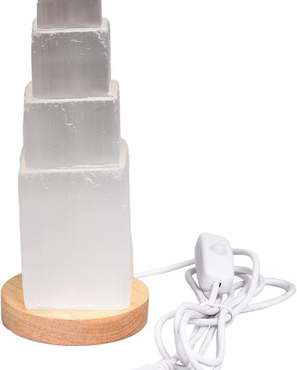 JIC Gem USB Selenite Tower Lamp Natural Selenite Skyscraper Healing Crystal Lamp 6 Inch with Wooden Light Stand Base - LeafyLoom