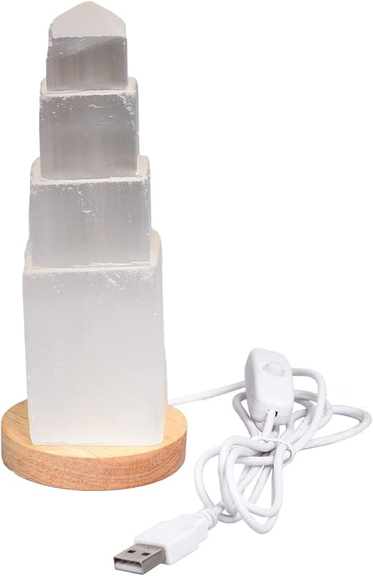 JIC Gem USB Selenite Tower Lamp Natural Selenite Skyscraper Healing Crystal Lamp 6 Inch with Wooden Light Stand Base - LeafyLoom