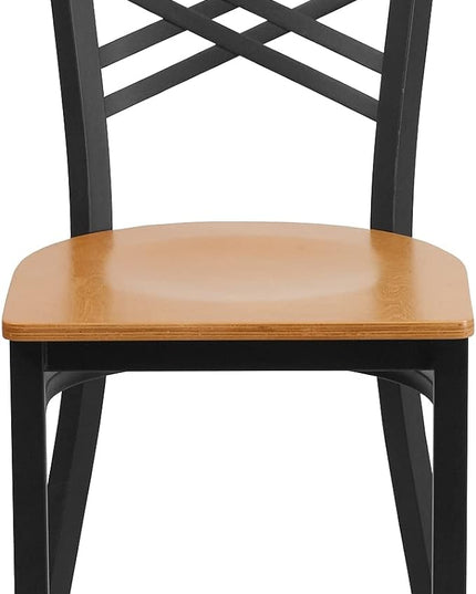 Flash Furniture 2 Pack HERCULES Series Black ''X'' Back Metal Restaurant Chair - Natural Wood Seat - LeafyLoom