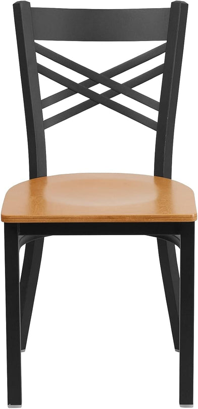Flash Furniture 2 Pack HERCULES Series Black ''X'' Back Metal Restaurant Chair - Natural Wood Seat - LeafyLoom
