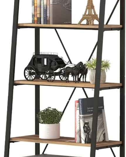 BON AUGURE Industrial 5 Tier Ladder Bookshelf, Wood and Metal Ladder Shelf Bookcase, Farmhouse Leaning Shelves for Living Room (Vintage Oak) - LeafyLoom
