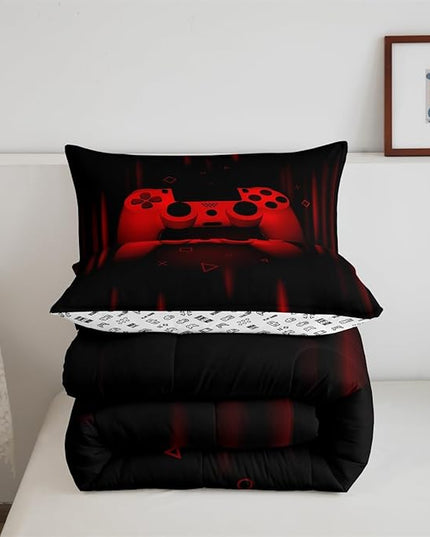 Feelyou Queen Comforter Set for Boys Gamer Bedding Set for Boys Kids Gaming Comforter Red Black Teen Child Gamer Room Decor Soft Game Geometric Duvet Quilted 1 Comforter with 2 Pillowcases Gamer Gifts - LeafyLoom