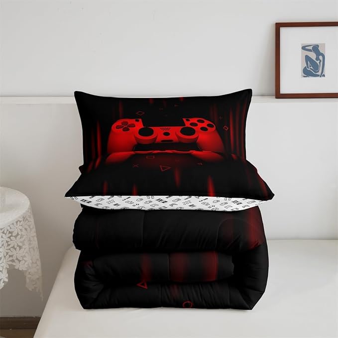 Feelyou Twin Comforter Set for Boys Gamer Bedding Set for Boys Kids Gaming Comforter Red Black Teen Child Gamer Room Decor Soft Game Geometric Duvet Quilted 1 Comforter with 1 Pillowcase Gamer Gifts - LeafyLoom