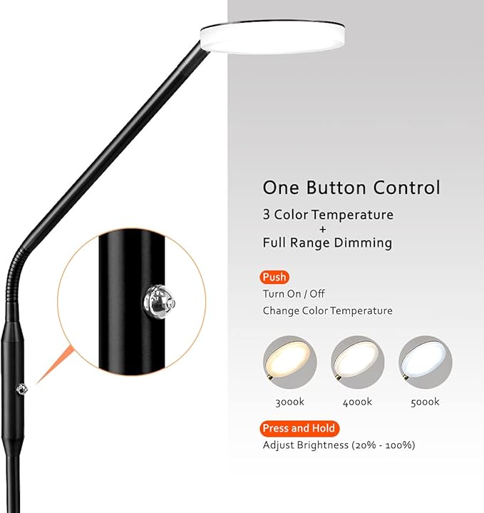 O’Bright Moon - Dimmable LED Floor Lamp, Adjustable Color Temperature for Bedside Reading, Work Light, Art/Crafting Light, Sewing, Ultra Flexible Gooseneck, Rotatable Lighting, Black - LeafyLoom