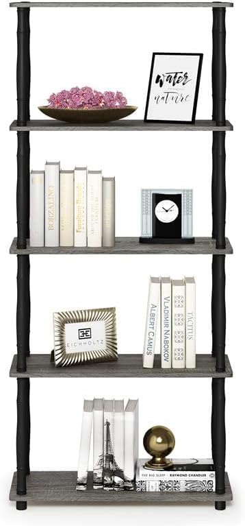 Furinno Turn-N-Tube 5-Tier Multipurpose Shelf Display Rack with Classic Tubes, French Oak Grey/Black - LeafyLoom