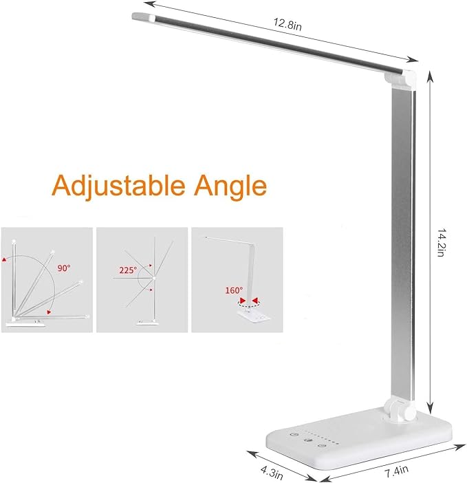 LED Desk Lamp Dimmable Table Lamp Reading Lamp with USB Charging Port, 5 Lighting Modes, Sensitive Control, 30/60 Minutes Auto-Off Timer, Eye-Caring Office Lamp (White) - LeafyLoom