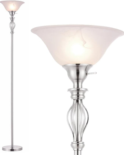 LIGHTACCENTS Silver Floor Lamp for Living Room with White Alabaster Glass Shade - Stand Up Torchiere Lamp - Durable Iron Scrollwork - Brushed Nickel Pole Lamp - Elegant Floor Lamp for Bedrooms - LeafyLoom