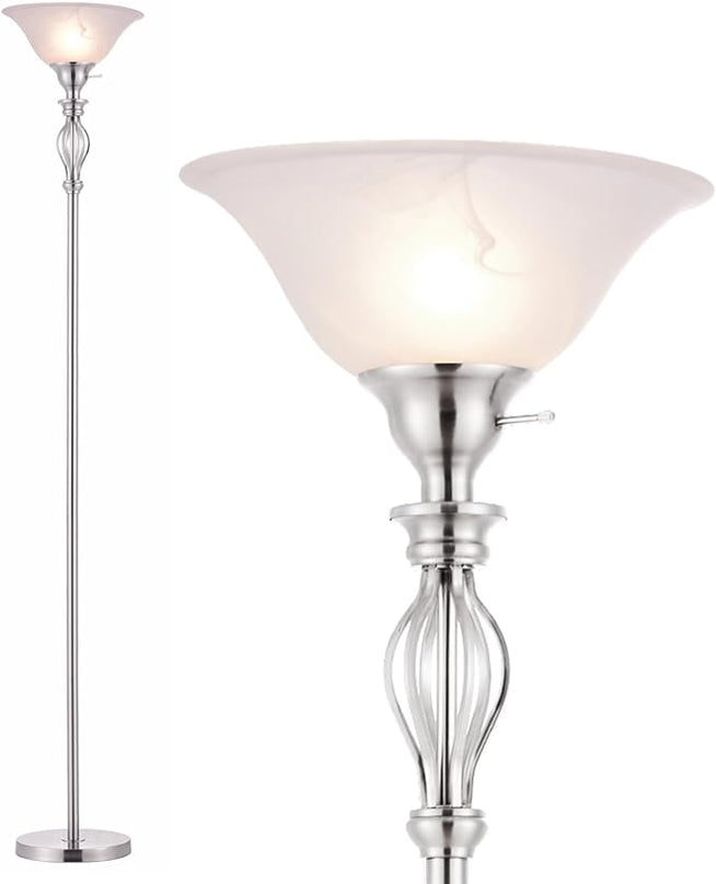 LIGHTACCENTS Silver Floor Lamp for Living Room with White Alabaster Glass Shade - Stand Up Torchiere Lamp - Durable Iron Scrollwork - Brushed Nickel Pole Lamp - Elegant Floor Lamp for Bedrooms - LeafyLoom