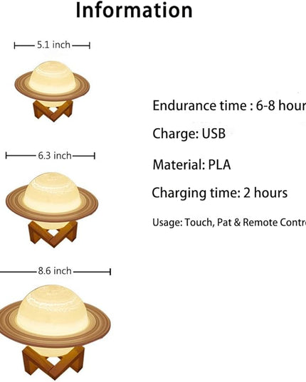 Saturn Lamp LED 3D PrintDecor Lamp Galaxy Planet Lampwith Stand/Remote Control/Touch/USB Rechargeable (8.6 inch 3 Colors),Valentines Day Gifts,Birthday Gifts - LeafyLoom