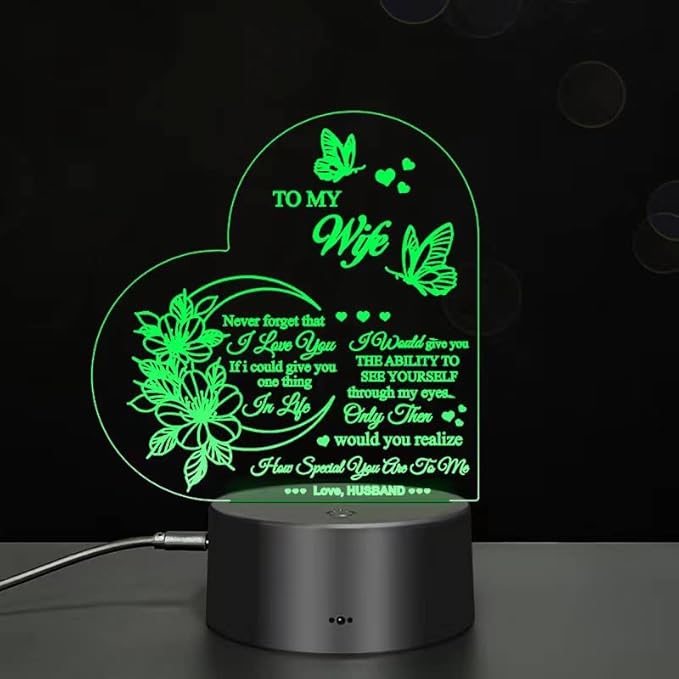 Dear Wife I Love You 3D Light, 7-Color USB Charging Bedside Lamp Decoration, I Love You My Wife 3D Light Gift from Husband, New Love Heart Wife's Birthday Gifts, Home Decoration for My Wife - LeafyLoom