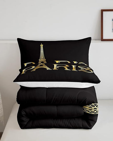 Erosebridal Eiffel Tower Comforter Set, City Building of Paris Bedding Set Twin Size, Gold Black Duvet Sets for Kids Boys Girls Teens Bedroom, Soft Microfiber Bedding Comforters with 1 Pillow Case - LeafyLoom