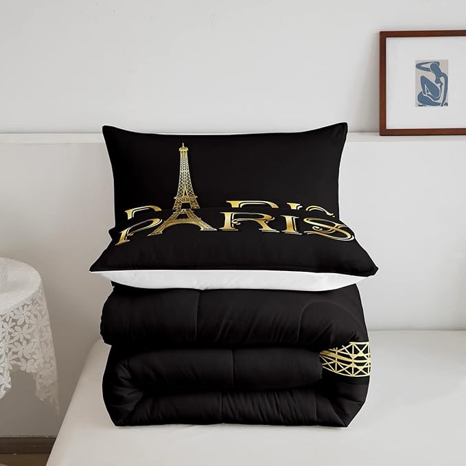 Erosebridal Eiffel Tower Comforter Set, City Building of Paris Bedding Set Full Size, Gold Black Duvet Sets for Kids Boys Girls Teens Bedroom, Soft Microfiber Bedding Comforters with 2 Pillow Cases - LeafyLoom