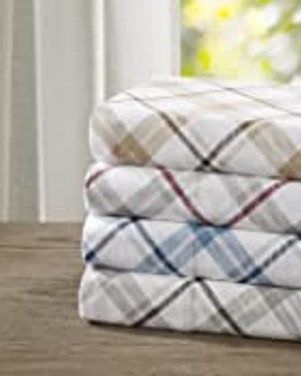 Comfort Spaces Cotton Flannel Breathable Warm Deep Pocket Sheets with Pillow Case Bedding, Cal King, Blue Plaid 4 Piece - LeafyLoom