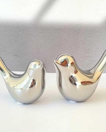 Cute Shelf Decor Birds, Small Animal Figurines Home Decor, Ceramic Silver Birds Shelf Decorations for Living Room Bedroom Bookshelf Table Top - LeafyLoom