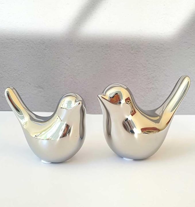 Cute Shelf Decor Birds, Small Animal Figurines Home Decor, Ceramic Silver Birds Shelf Decorations for Living Room Bedroom Bookshelf Table Top - LeafyLoom