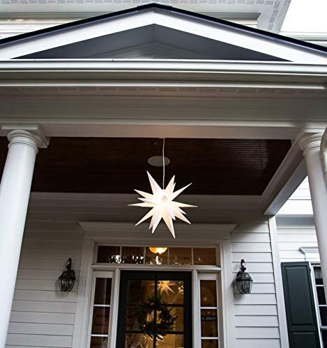 Elf Logic 18" Easy Assembly, Battery Timer White LED Moravian Star - Hanging Outdoor Christmas Star Light - Use as Holiday Decoration, Porch Light, Advent Star, Wedding and Ballroom Venue Decor - LeafyLoom