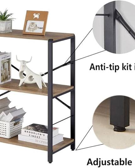 FOLUBAN Small Bookshelf, 3 Tier Open Book Shelf, Rustic Wood and Metal Shelving Unit for Small Space, Oak - LeafyLoom
