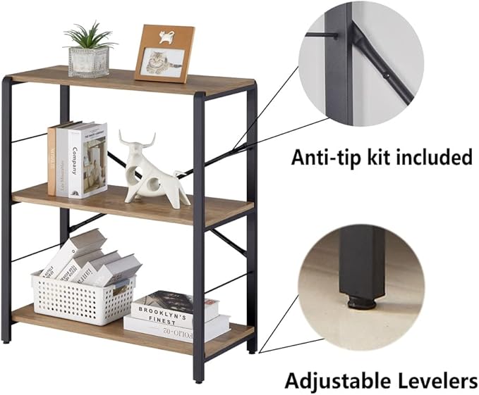 FOLUBAN Small Bookshelf, 3 Tier Open Book Shelf, Rustic Wood and Metal Shelving Unit for Small Space, Oak - LeafyLoom