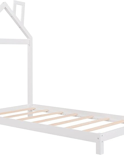 Jintop Twin Size Wood Platform Chimney and House-Shaped Headboard,Bedroom Furniture Bed Frame W/ 10 Slat Support,Easy to Install,for Teens Kids Girls Boys,White - LeafyLoom