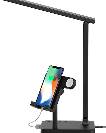 Drevet 3 in 1 LED Desk Table Lamp with Cell Phone Holder and Apple Watch Charger Stand, Eye-Caring Foldable Desk Light with USB Charging Port, 3 Level Brightness, Memory Function, Touch Control, Black - LeafyLoom