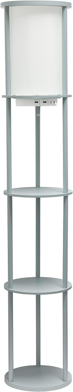Simple Designs LF2010-GRY 62.5" Round Modern Shelf Etagere Organizer Storage Floor Lamp with 2 USB Charging Ports, 1 Charging Outlet and Linen Shade for Living Room Bedroom, Gray, 11.5 x 11.5 x 62.5 - LeafyLoom