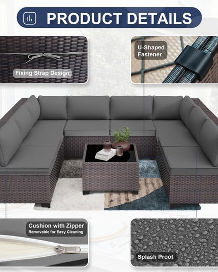 Patio Furniture Set 9-Piece Outdoor Furniture for Backyard Wicker Sectional Sofa Set, Rattan Patio Conversation Set with Thickened Cushions and Glass Coffee Table, Grey - LeafyLoom