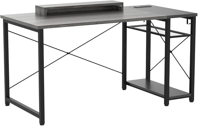 armocity Computer Desk with LED Lights, 47 Gaming Desk with Power Outlet and USB, Reversible Laptop Table with Moveable Monitor Stand for Small Spaces, Office, Room, Grey and Black - LeafyLoom