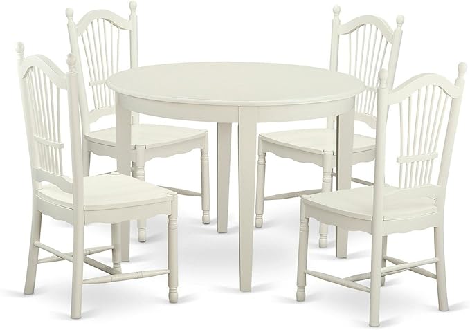 East West Furniture Boston 5 Piece Dinette Set for 4 Includes a Round Room Table and 4 Kitchen Dining Chairs, 42x42 Inch, Linen White - LeafyLoom
