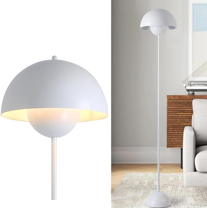 Modern Floor Lamp for Bedroom, 63'' Industrial Corner Floor Lamp for Living Room, Metal Arched Shade Tall Standing Lamp for Office, Reflecting Light Reading Floor Lamp, White - LeafyLoom