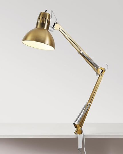 Globe Electric 62000010 32" Multi-Joint Desk Lamp with Metal Clamp, Matte Brass, White Accents, On/Off Rotary Switch on Shade, Partially Adjustable Swing Arm, Home Décor, Office Accessory - LeafyLoom