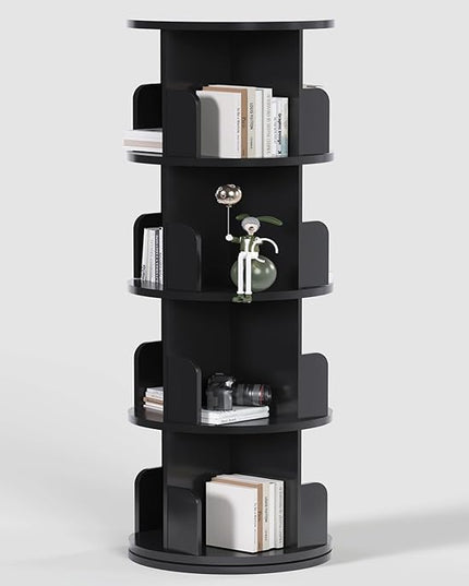 DMAITH Rotating Bookshelf, 360° Display Corner Bookcase for Small Space, 4 Tier Floor Standing Bookshelf Storage Rack, Wood Bookshelf Organizer for Kids' Room, Study Room, Bedroom, Black - LeafyLoom