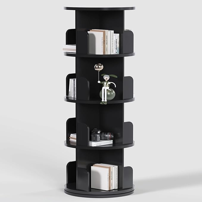 DMAITH Rotating Bookshelf, 360° Display Corner Bookcase for Small Space, 4 Tier Floor Standing Bookshelf Storage Rack, Wood Bookshelf Organizer for Kids' Room, Study Room, Bedroom, Black - LeafyLoom