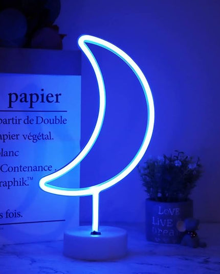 Neon Moon Lights, LED Moon Decor Neon Signs Crescent Night Lights Art Decorations Lamp for Party Supplies, Children Kids Girls Gift-Moon with Holder Base(Blue) - LeafyLoom