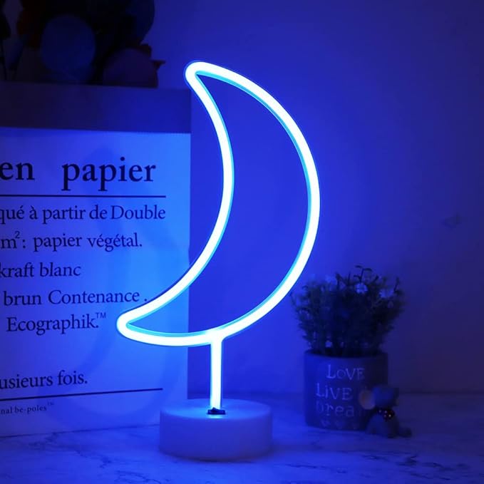 Neon Moon Lights, LED Moon Decor Neon Signs Crescent Night Lights Art Decorations Lamp for Party Supplies, Children Kids Girls Gift-Moon with Holder Base(Blue) - LeafyLoom