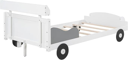 Twin Size Car-Shaped Platform Bed with 2 Storage Shelf,Kids Cars Beds W/Wheels,Slats Support,Saving Space,Easy Assembly,Wood Car Bedframe for Boys Toddlers Teens Bedroom,White - LeafyLoom