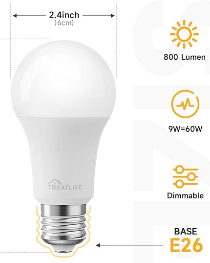 TREATLIFE Smart Light Bulbs 4Pack, 2500K-6500K Tunable White Dimmable LED Light Bulb Compatible with Alexa and Google Home, 2.4GHz WiFi Smart Bulb, 800LM, E26 A19 9W, No Hub Required TREATLIFE