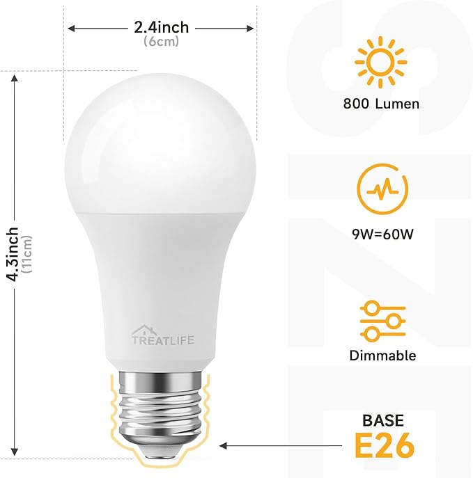 TREATLIFE Smart Light Bulbs 4Pack, 2500K-6500K Tunable White Dimmable LED Light Bulb Compatible with Alexa and Google Home, 2.4GHz WiFi Smart Bulb, 800LM, E26 A19 9W, No Hub Required TREATLIFE