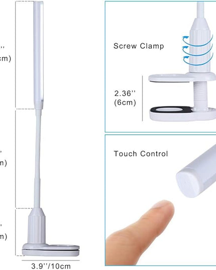 LED Desk Lamp, Clamp on Desk Light, Eye-Caring Gooseneck Clip on Light, 3 Color Modes, Stepless Dimming - Highly Adjustable Clamp Task Lamp/Table Lamp for Reading, Sewing, Drafting, Office - LeafyLoom