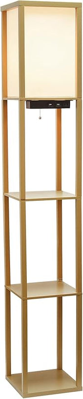 Simple Designs LF1037-TAN Floor Lamp Etagere Organizer Storage Shelf with 2 USB Charging Ports, 1 Charging Outlet and Linen Shade, Tan - LeafyLoom